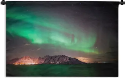 Produktbild von MuchoWow® Wandteppich Wandbehang Nordlichter - Grün - Insel - Norwegen 90x60 cm Tapisserie Dekoration Wandtuch - Wandskulpturen - Bildteppich
