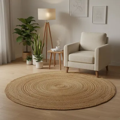 Produktbild von Elegant Floors® Runder Jute Teppich Natur | Handgefertigtes Boho Wohnaccessoire aus nachhaltiger Jute im modernen Skandi Stil | Wohnzimmer Teppich für Boden Deko und Bodenteppich | 150x150 cm