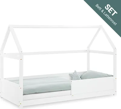 Produktbild von Homestyle4u Kinderbett 90x200 mit Rausfallschutz Hausbett Weiß mit Rausallschutz Bodenbett Montessori Bett mit Lattenrost
