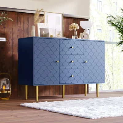 Produktbild von Granatowa komoda z 3 szufladami i 2 drzwiczkami, regulowaną półką, eleganckim wzorem rybiej łuski, solidnymi metalowymi nogami