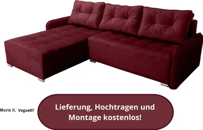 Produktbild von Ecksofa MORIS II mit Schlaffunktion - Ecke wechselbar - L-Form - Bettkasten, 3 Kissen, Dunkelrot