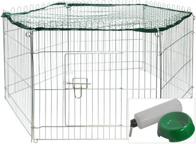 Produktbild von dobar Freilaufgehege 6-teilig mit Nylon Netz Trinkflasche und Futternapf, wetterfestes Gehege für Kaninchen, Hasen, Meerschweinchen und Nager, Kaninchengehege 112 x 98 x 56 cm, silber