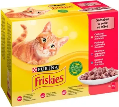 A product box for Friskies cat food, showing a cat and food.