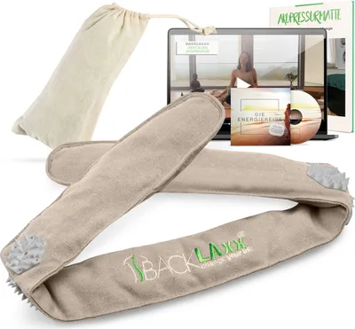 A product shot of an acupressure headband and accessories, including a laptop, CD, and storage bag.