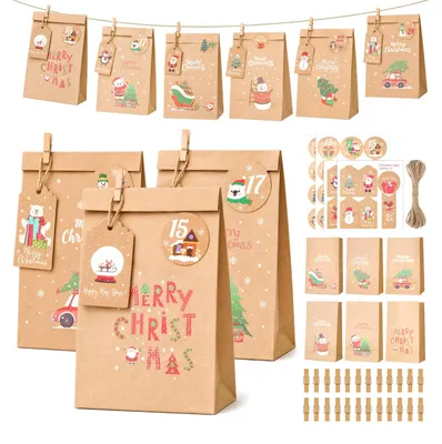 Adventskalender-Papiertüten, 24 Stück, 6 Designs, DIY-Set