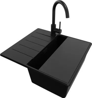Produktbild von PRIMAGRAN Granitspüle Alles Schwarz 55x50cm, Spülbecken 1 Becken + Ablauf-Set + Küchenzubehörset, Küchenspüle ab 40er Unterschrank - Kopenhagen