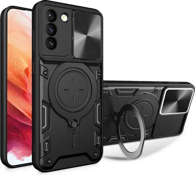 Immagine prodotto di Custodia per Samsung Galaxy S21+ 5G a doppio strato con copertura della fotocamera e supporto ad anello nero
