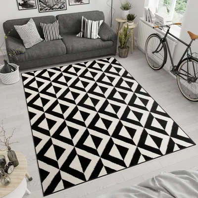 Produktbild von Teppich Wohnzimmer Schlafzimmer Kurzflor Modern Design Geometrisch Marokkanisch Karo Kariert Zig Zag Schwarz Creme  300 x 400 cm
