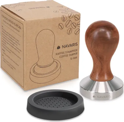 Produktbild von Navaris Espresso Tamper für Kaffee 51mm - Stempel Stampfer aus Edelstahl mit Holzgriff - inkl. Silikonmatte - Kaffeestampfer für Espressomaschine