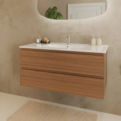 Produktbild von LOMAZOO Badmöbelset AVALON 100 cm - Mit Hochschrank - Warmes Eichenholz - Waschbecken Schwarz