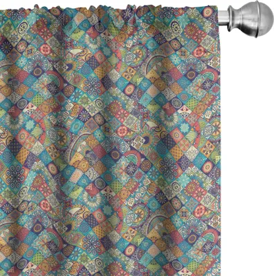 Zdjęcie produktu dla ABAKUHAUS Bohemien Zasłony, firanki, wzór w kratkę z etnicznymi ornamentami, motywy kwiatowe, sztuka ludowa, 2 sztuki, 75 x 225 cm, wielokolorowe