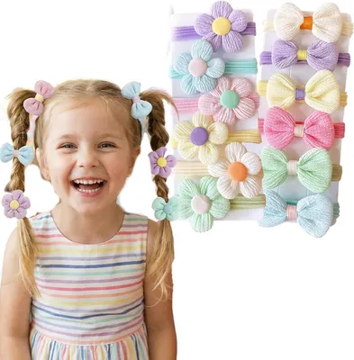 Produktbild von 12 kleine Haargummis mit niedlichen Blumen und Schleifen, weiche elastische Haar-Accessoires für Damen und Jugendliche in verschiedenen Farben