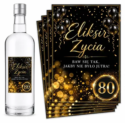 Obrázok produktu pre Etikety na fľaše – k 80. narodeninám – „Eliksir Życia” – čierna a zlatá – 8 ks