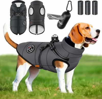 Produktbild von LOVPET® Hundejacke Hundemantel mit Geschirr, inkl. 45 Stück Kotbeutel + Spender, Hunde Winterweste gefüttert wasserdicht, Gepolsterte Weste Mit Brustgurt, Reflektoren , Anthrazit, 5XL