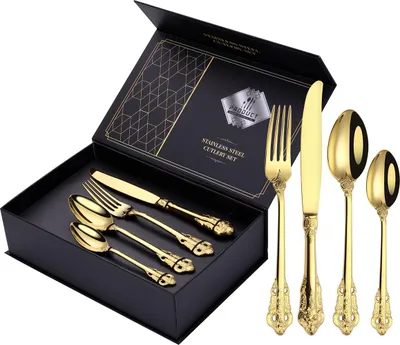 Produktbild von Goldenes Besteckset 24 Teile, SUS304 Edelstahl, Spiegelpoliert, Messer Gabel Löffel