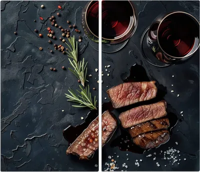 Produktbild von Spritzschutz Herdabdeckplatte Schneidebrett aus Glas Steak und Rotwein 2-Teilig (60x52cm)