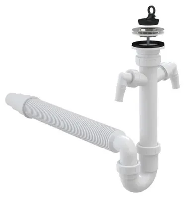 Obrázok produktu pre Drezový sifón DN50/40, nerezová mriežka DN70, flexi hadica, 2 prípojky