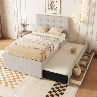 Zdjęcie produktu dla Łóżko gościnne o regulowanej wysokości z funkcją wysuwania, 3 szufladami i łatwym montażem - 200x90x111,5 cm, beżowe