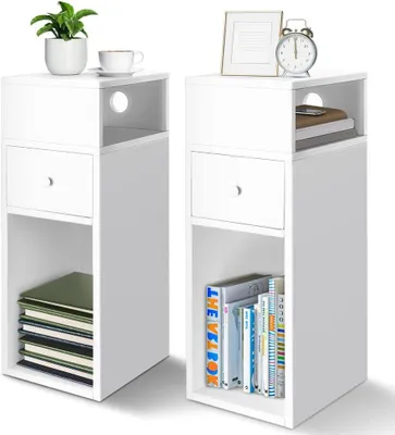 Obrázek produktu pro Noční stolek – Přístavec s zásuvkami – Úložný prostor do ložnice – 2 otevřené přihrádky a 1 zásuvka – 25x30x66 cm – Bílá barva