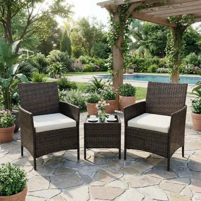 Produktbild von Rattan Sitzgruppe 3-teilig Gartenmoebel Korbgeflecht mit Couchtisch