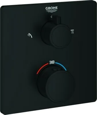 A black Grohe thermostatic shower mixer control panel with two knobs and temperature markings.