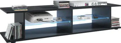 Produktbild von Vladon TV Board Movie V3 Lowboard 134 x 29 x 37,5 cm mit 6 offenen Fächern, inkl. LED-Beleuchtung Blau, Korpus in Schwarz matt