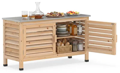 Immagine prodotto di COSTWAY, armadietto da giardino in legno, mobiletto portaattrezzi con piano di lavoro in alluminio e 2 ante a lamelle, mobiletto portaoggetti per balcone, terrazzo e giardino, dimensioni 109x40,5x61,5 cm