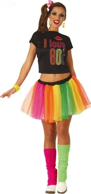 A woman wearing an 80s-themed costume.