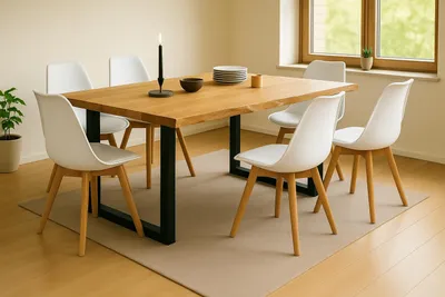 Produktbild von Tischgruppe 7tlg. 200 x 100 cm Baumkante Eiche massiv 6x Schalenstühle Weiß U-Gestell Schwarz SERRA