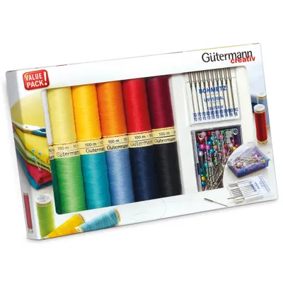 Produktbild von Gütermann Nähfaden-Set Allesnäher mit Stecknadeln & Nähmaschinennadeln 12x100m