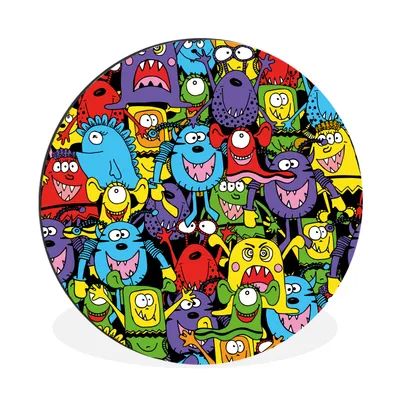 Produktbild von MuchoWow® Aluminium Wandkreis Muster - Monster - Lustig - Abstrakt - Mädchen - Jungen Ø 90 cm Wanddeko Modern Wohnzimmer - Mauerkreis - Wandbilder - Runde Bild - Bild aus Aluminium - Schlafzimmer - Wohnzimmerdekoration - Wand Dekoration