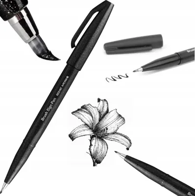 A collage of a black PentelArts Faserschreiber Sign Pen, a drawing of a lily, and a close-up of a brush pen tip.