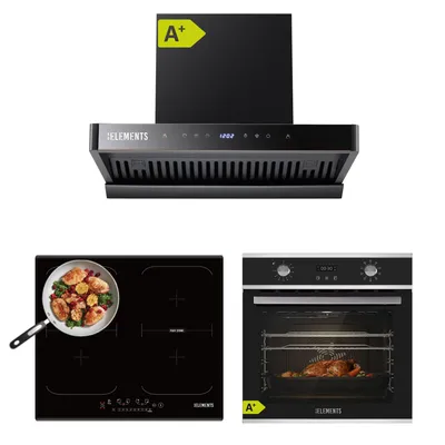 Produktbild von KB ELEMENTS Sparset, Einbauherd Set, Herdset, Induktionskochfeld 60cm 7400 Watt, Dunstabzugshaube 60cm 1350 m³/h, Backofen 60cm 70 Liter, EEK A+