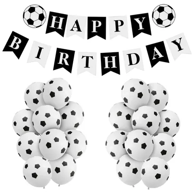 Fußballfeier-Deko: 1 Wimpelkette + 20 Ballons, Schwarz-Weiß