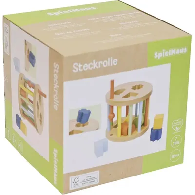 Productafbeelding van houten opbergdoos, rond, educatief speelgoed met 6 bouwstenen
