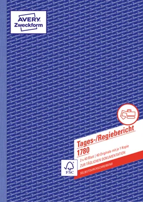 Obrázek produktu pro Avery Zweckform® 1780 1780 Denní výkaz, DIN A4, samopropisovací, 2 x 40 listů, bílý, žlutý