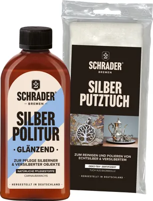 Produktbild von SCHRADER Silber Politur - glänzend - 250ml -  für Echtsilber und Versilbertes - inklusive Silberputztuch