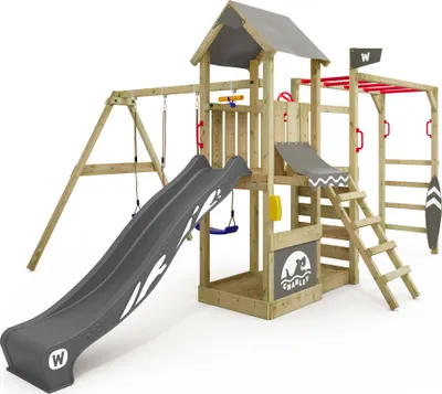 Image de WICKEY Tour de jeux Smart Baboon avec balançoire & toboggan, tour à grimper avec bac à sable, échelle de corde & accessoires de jeu - anthracite