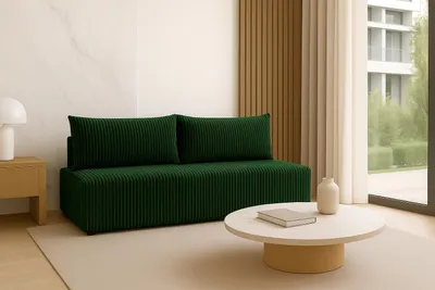 A modern living room with a green sofa and a coffee table.
