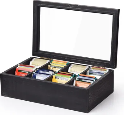 Produktbild von Teebox aus Massivholz schwarz mit 8 Fächern und Sichtfenster