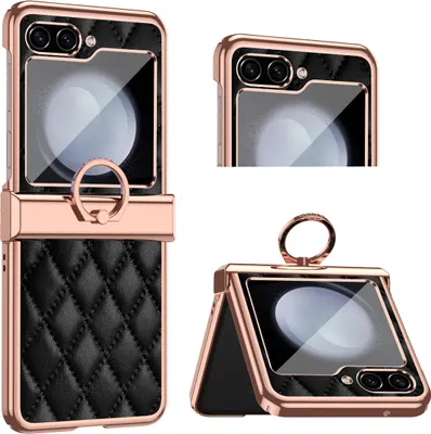 A collage of images showing a flip phone case from different angles, including open and closed views, with a ring holder.