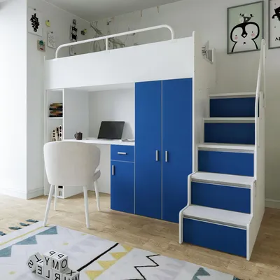 Produktbild von Marlux-Meble Hochbett Kinderbett JSM-4 90x200 mit Kleiderschrank Schreibtisch und Treppe Matt Kinderbetten Funktionsbett Etagenbett Stockbett Kinderhochbett Jugendhochbett (Blau Matt)