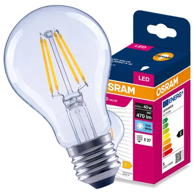 Immagine prodotto di Lampadina LED E27 A60, 4,2W (equivalente a 40W), 470 lumen, 4000K (luce neutra), angolo di illuminazione 300°, tecnologia Filament, marca Osram, Immagine generata dall'IA