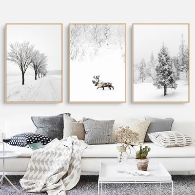Immagine prodotto di Set di 3 poster invernali: abete, cervo, paesaggio invernale. Stampe artistiche su tela, dimensioni 40 x 50 cm