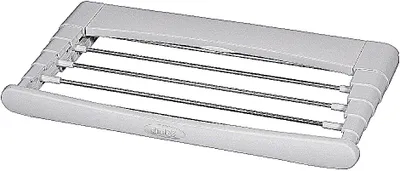 A white retractable clothes drying rack is shown against a white background.