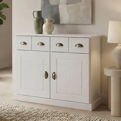 Produktbild von Kommode PARIS aus massiver Kiefer in weiß, schönes Sideboard mit 2 Türen, praktische Apothekerkommode mit 2 Schubladen, zeitlose Schubladenkommode mit Muschelgriffe
