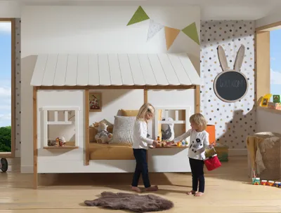 Image de Vipack lit de campagne avec toit, surface de couchage 90 x 200 cm, sommier à lattes et tiroir de lit inclus, finition pin partiellement massif, couleur chêne/blanc