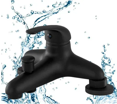 A black bathtub faucet with water splashes in the background.