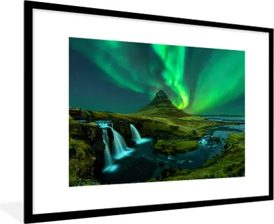 Produktbild von MuchoWow® MuchoWow® Gerahmtes Poster Nordlichter - Wasserfall - Berg - Island 90x60 cm - Poster mit zchwarzem Bilderrahmen - Wanddekoration - Fotos