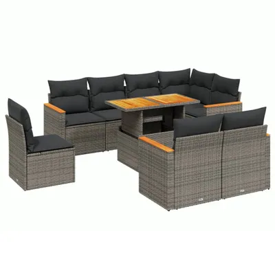 Produktbild von Modulares Garten-Sofa-Set, 9-teilig, mit verstellbarem Tisch, Poly Rattan, Grau, UV-beständig, abnehmbare Kissenbezüge